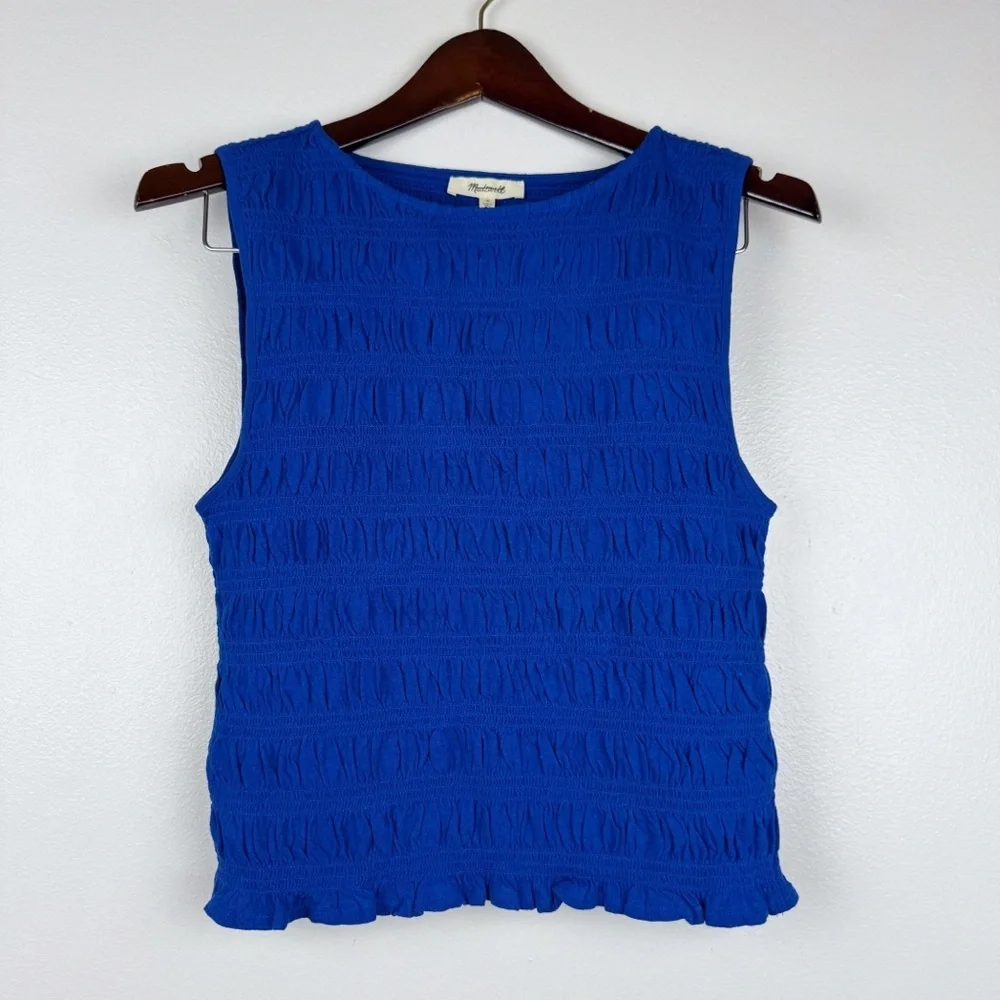Madewell Smocked Cotton Linen Blend Ruffle Hem Boatneck Tank Blue Size S NWT - Picture 4 of 8